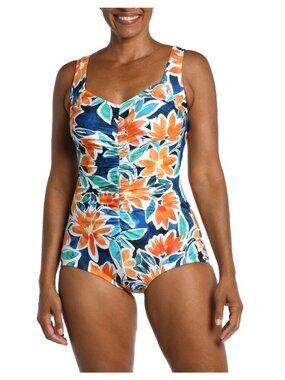 Maxine Of Hollywood 22W One Piece Swimsuit Joyful Blooms Shirred Front Floral